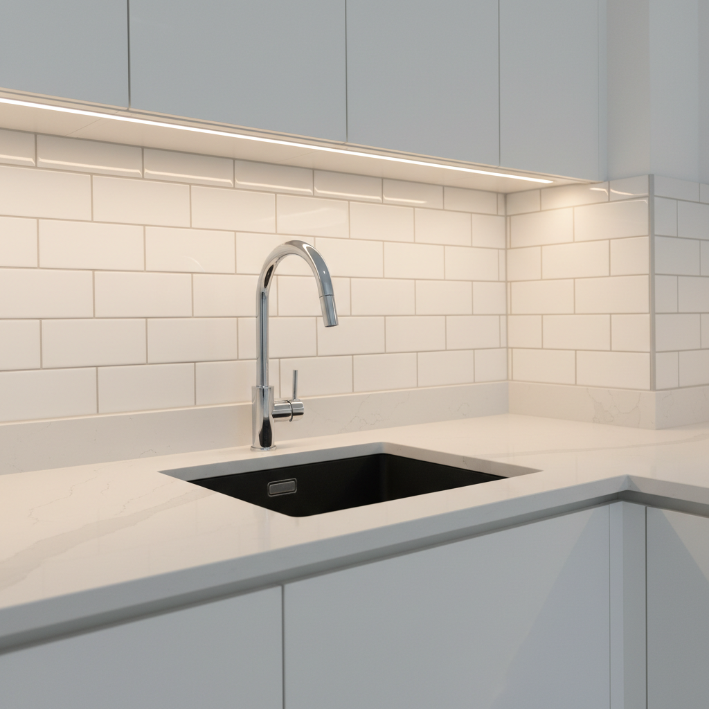 A detailed photographic close-up of a newly renovated kitchen corner showcasing plumbing and tiling expertise. Under a white quartz worktop, a matte black under-mount sink is seamlessly integrated, with a sleek chrome mixer tap emerging from the countertop. Behind, a backsplash of rectangular white subway tiles with light-grey grout lines is laid in a classic brick pattern, each tile perfectly aligned. Hidden under-cabinet LED lighting casts a soft, warm glow across the tiles and polished worktop, creating gentle reflections and defining edges. The focus is sharp on the junctions where sink, worktop, and tiles meet, with the background of minimalist white cabinets softly blurred. Eye-level composition and clean, modern photographic realism convey precision plumbing, careful sealing, and refined kitchen renovation craftsmanship.