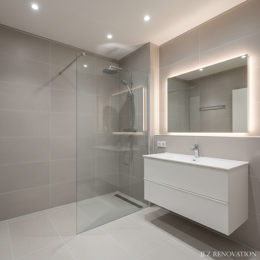 A meticulously tiled modern bathroom featuring large matte light-grey porcelain tiles on the floor and walls, with perfectly straight grout lines demonstrating expert tiling. A walk-in Italian shower is framed by a transparent glass screen, its linear drain precisely flush with the floor tiles. A floating white vanity unit with a sleek ceramic basin is mounted on the wall, above which a frameless mirror reflects soft, warm LED lighting from a ceiling strip. Subtle recessed spotlights cast delicate highlights on chrome fixtures and the textured tiles. Photographic realism from a slightly elevated corner angle, using wide-angle composition and sharp focus throughout, creating a sense of cleanliness, functionality, and high-end renovation quality associated with JLZ RENOVATION.