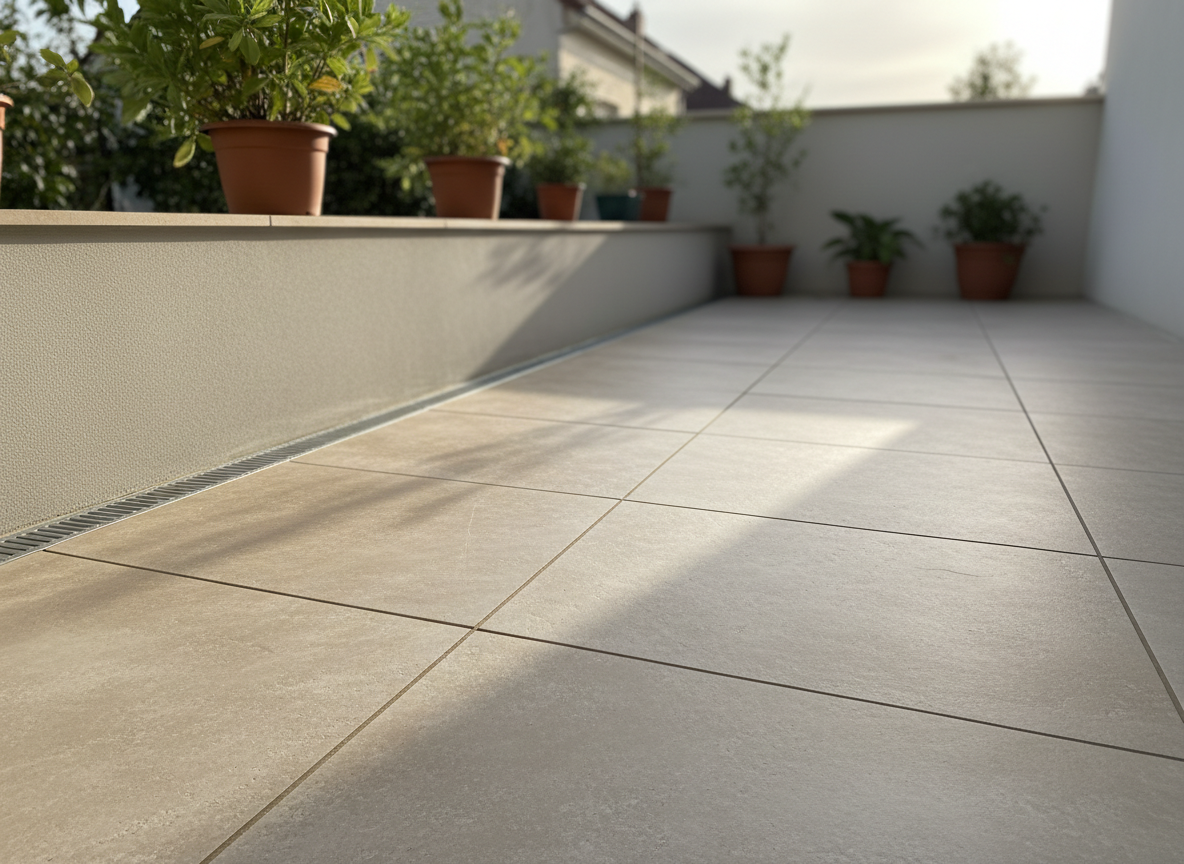 A small private terrace in Marne-la-Vallée, fully renovated to showcase exterior tiling and masonry skills. The ground is covered with large-format sand-colored stone-effect tiles, laid with minimal, even joints that align perfectly towards a low perimeter wall in smooth light-grey render. Along the edge, a discreet drainage channel is seamlessly integrated between tiles and wall, demonstrating precise masonry work. Late afternoon natural sunlight bathes the terrace, casting long, soft shadows from potted plants that sit slightly out of focus in the background. Photographic realism from a slightly elevated angle emphasizes the geometry of the tiling pattern and clean lines of the masonry, creating a calm, inviting outdoor space that reflects careful exterior renovation.