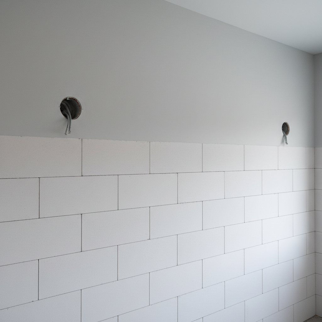 A detailed close-up of a newly built interior partition wall, demonstrating precise masonry and finishing. The lower portion reveals perfectly aligned white aerated concrete blocks with clean, straight mortar joints, while the upper portion is seamlessly covered in a smooth, uniform plaster ready for paint. Electrical conduit and a junction box are neatly integrated within the wall, their openings carefully cut and flush with the surface. Cool, even artificial lighting from a nearby ceiling source casts subtle shadows along the joints, emphasizing the straight lines and flatness. Shot in photographic realism with a slightly angled perspective, the composition focuses tightly on the wall’s surface, conveying structural solidity, attention to detail, and professional renovation expertise behind the final décor.
