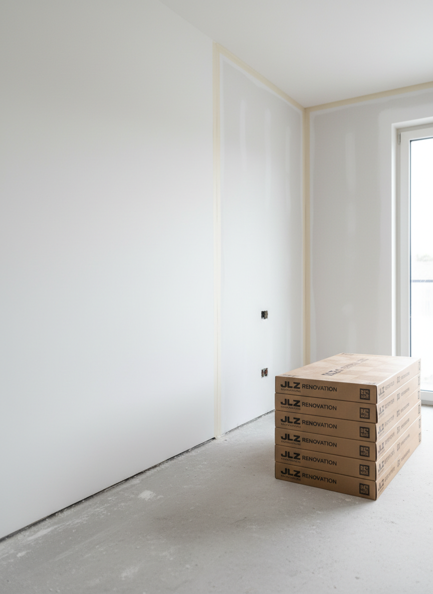 An in-progress interior renovation scene without workers, focusing on the quality of preparation. A partially refurbished room shows one wall already smoothly plastered and primed in white, while an adjacent wall reveals carefully protected areas with masking tape along window frames and electrical boxes. The concrete floor is clean and ready for parquet installation, with neatly stacked, unopened packs of light oak flooring placed against the wall, slightly blurred. Soft diffused daylight enters through a large window, illuminating dust-free surfaces and creating gentle, natural shadows. Photographic realism at eye level with a medium-wide composition highlights organization, cleanliness, and professional methodology typical of JLZ RENOVATION’s approach before finishing stages.