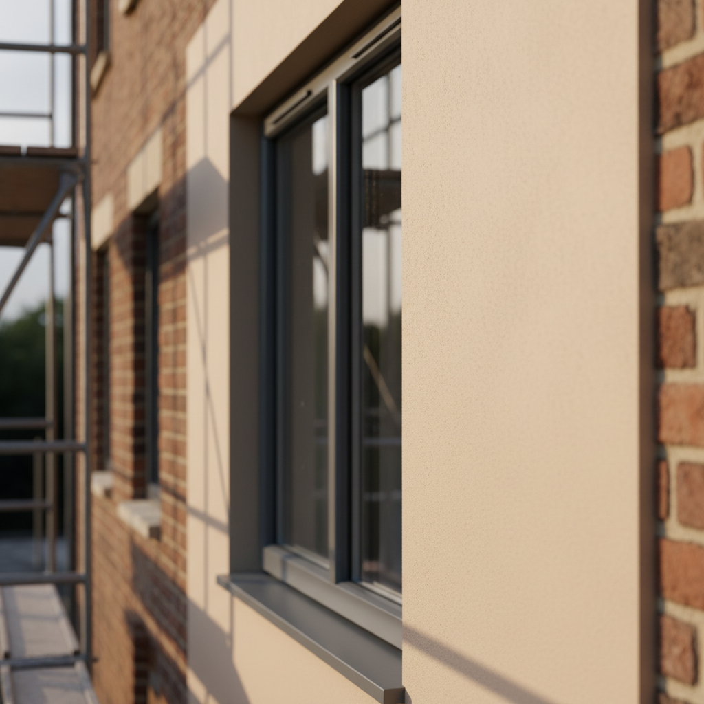 A close-up photographic view of an exterior house façade renovation in progress, focusing on a freshly rendered and painted wall in a soft, warm beige. The smooth, even surface contrasts with an adjacent section of exposed old brick, subtly blurred in the background, showing before-and-after transformation. New anthracite grey aluminum window frames sit perfectly aligned within the façade, with clean silicone joints and sharp edges. Late afternoon natural light grazes the wall at a shallow angle, creating gentle highlights that emphasize the flawless texture. Shot at eye level with a shallow depth of field, the composition centers on the precision of the finish, evoking professionalism, reliability, and careful exterior renovation work.