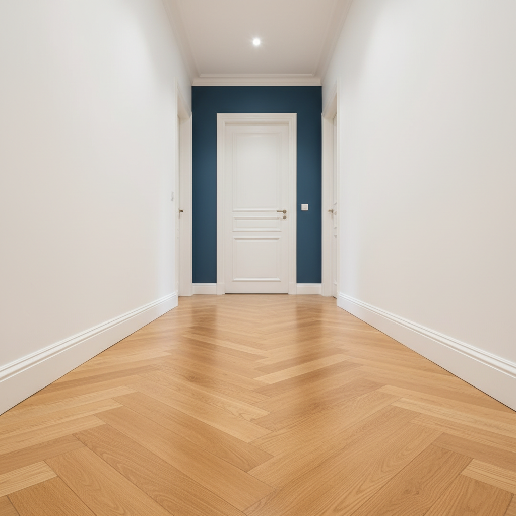 An elegant hallway in a renovated Marne-la-Vallée home, highlighting expert interior paintwork and carpentry. Smooth, bright white walls contrast with a deep slate-blue accent wall at the far end, where a newly installed solid wood door with a refined satin white finish stands perfectly plumb. The oak parquet floor, laid in a classic herringbone pattern, runs the length of the corridor, its warm tones glowing under discreet recessed ceiling lights. Soft, warm artificial lighting creates subtle reflections on the parquet and gentle shadows along the baseboards. Captured in photographic realism from a low, centered perspective, the composition draws the eye down the corridor, emphasizing precision, depth, and the harmonious blend of materials typical of high-quality renovation.